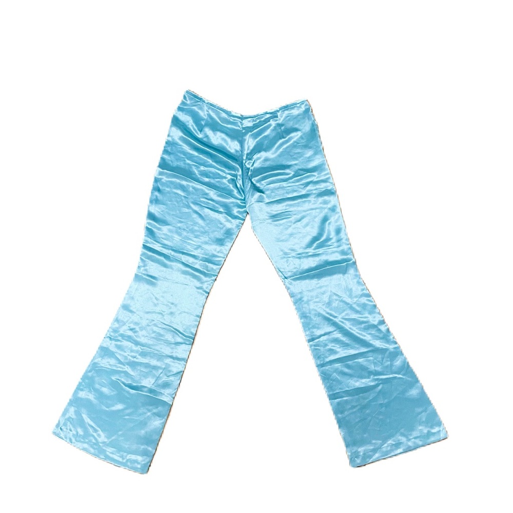 Vintage Handmade Y2K 90s Blue Satin V Cut Flare Bell Bottom Pants